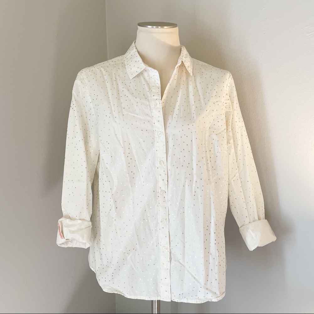 Boden Classic Button Up Shirt White Gold Polka Dot